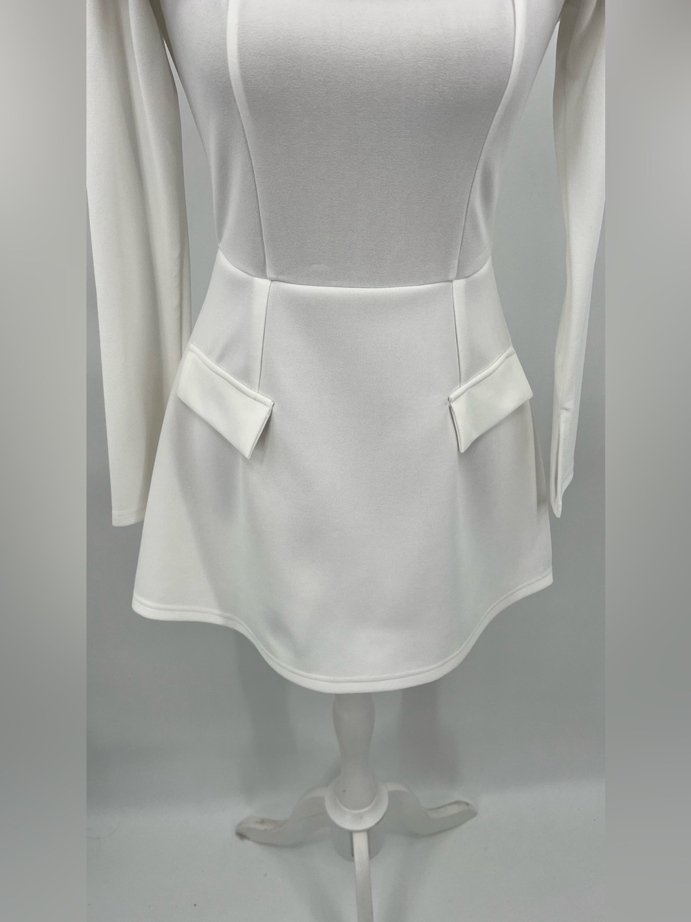 White Off Shoulder tailored Long Sleeve Mini Dress bridal coquette grad Dress S - Picture 7 of 13